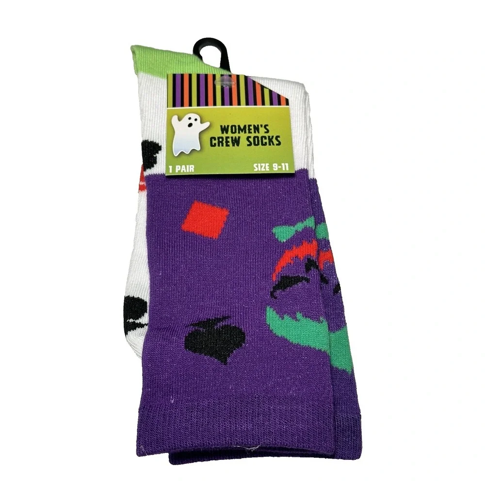 Womens Halloween Crew Socks Size 9-11 Purple White Novelty Playing Cards 1 Pair